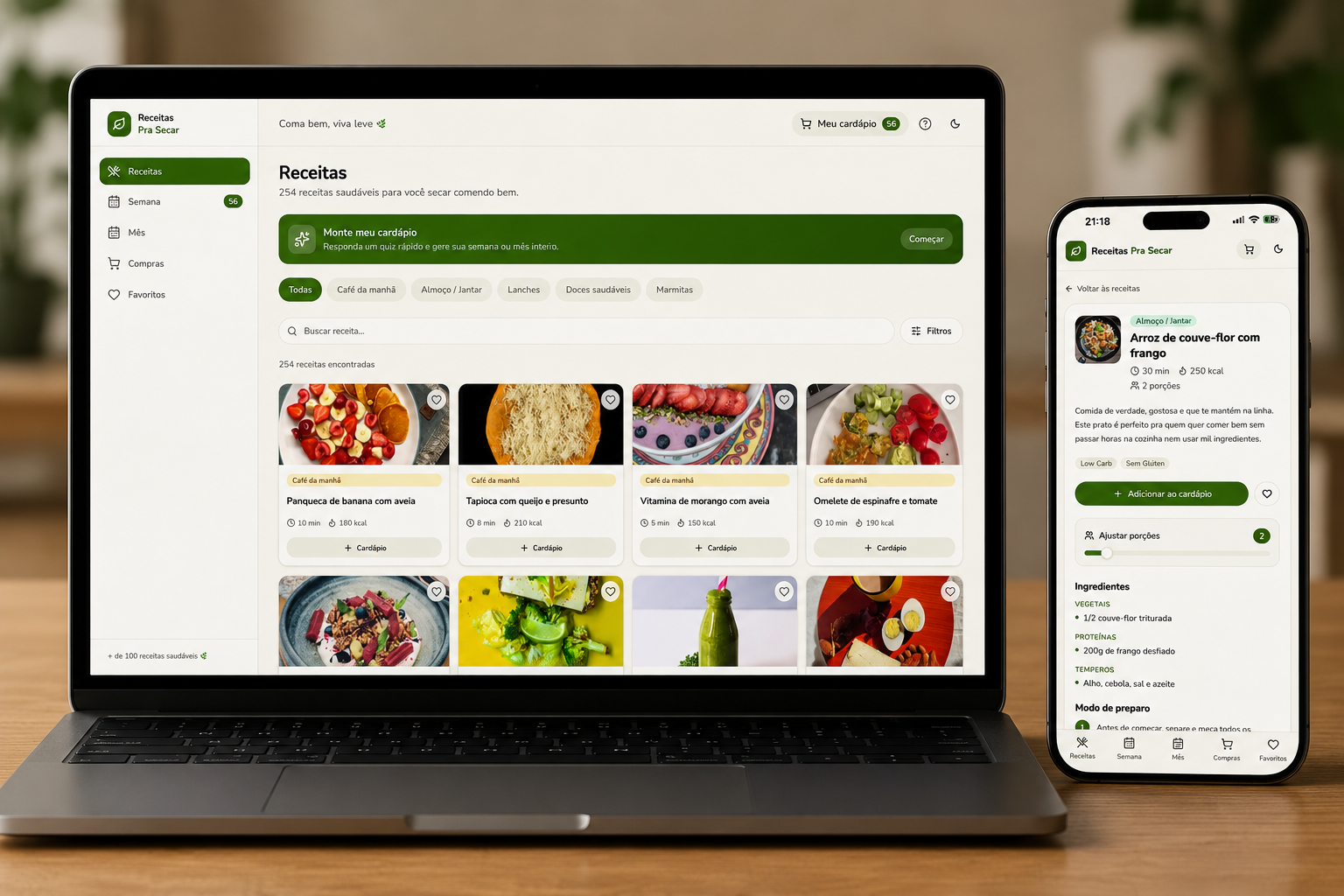 Tela do app Dietapp com receitas e planner semanal